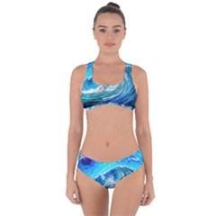 Tsunami Waves Ocean Sea Nautical Nature Water Painting Criss Cross Bikini Set
