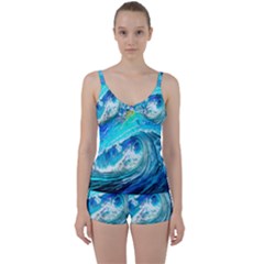 Tsunami Waves Ocean Sea Nautical Nature Water Painting Tie Front Two Piece Tankini