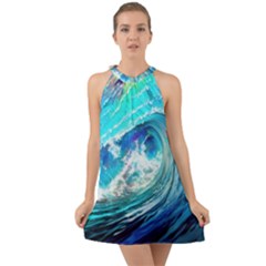 Tsunami Waves Ocean Sea Nautical Nature Water Painting Halter Tie Back Chiffon Dress