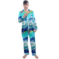 Tsunami Waves Ocean Sea Nautical Nature Water Painting Men s Long Sleeve Satin Pajamas Set