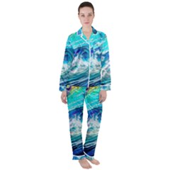 Tsunami Waves Ocean Sea Nautical Nature Water Painting Women s Long Sleeve Satin Pajamas Set	