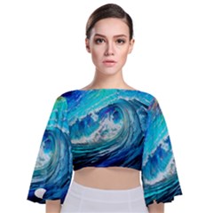 Tsunami Waves Ocean Sea Nautical Nature Water Painting Tie Back Butterfly Sleeve Chiffon Top