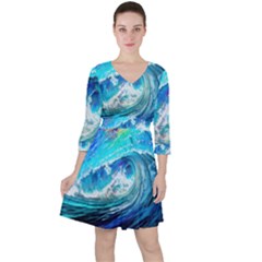 Tsunami Waves Ocean Sea Nautical Nature Water Painting Quarter Sleeve Ruffle Waist Dress