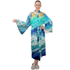 Tsunami Waves Ocean Sea Nautical Nature Water Painting Maxi Velvet Kimono