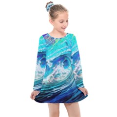 Tsunami Waves Ocean Sea Nautical Nature Water Painting Kids  Long Sleeve Dress