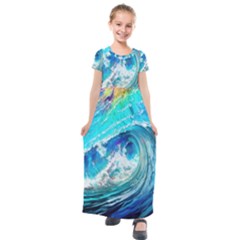Tsunami Waves Ocean Sea Nautical Nature Water Painting Kids  Short Sleeve Maxi Dress