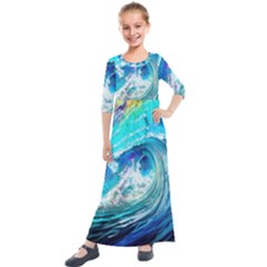 Tsunami Waves Ocean Sea Nautical Nature Water Painting Kids  Quarter Sleeve Maxi Dress