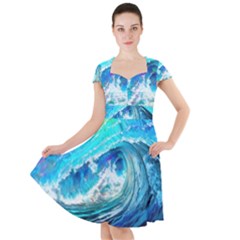 Tsunami Waves Ocean Sea Nautical Nature Water Painting Cap Sleeve Midi Dress