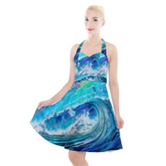 Tsunami Waves Ocean Sea Nautical Nature Water Painting Halter Party Swing Dress 