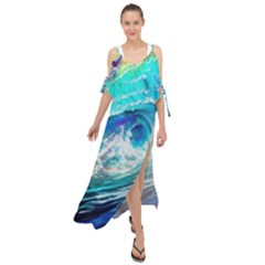 Tsunami Waves Ocean Sea Nautical Nature Water Painting Maxi Chiffon Cover Up Dress