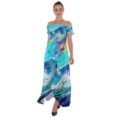 Tsunami Waves Ocean Sea Nautical Nature Water Painting Off Shoulder Open Front Chiffon Dress