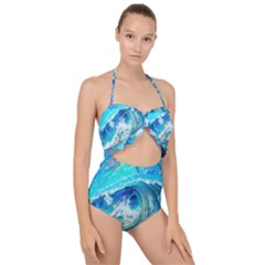 Tsunami Waves Ocean Sea Nautical Nature Water Painting Scallop Top Cut Out Swimsuit