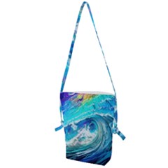 Tsunami Waves Ocean Sea Nautical Nature Water Painting Folding Shoulder Bag by Cowasu