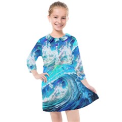 Tsunami Waves Ocean Sea Nautical Nature Water Painting Kids  Quarter Sleeve Shirt Dress