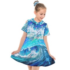 Tsunami Waves Ocean Sea Nautical Nature Water Painting Kids  Short Sleeve Shirt Dress