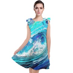 Tsunami Waves Ocean Sea Nautical Nature Water Painting Tie Up Tunic Dress by Cowasu