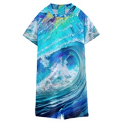 Tsunami Waves Ocean Sea Nautical Nature Water Painting Kids  Boyleg Half Suit Swimwear
