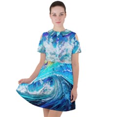Tsunami Waves Ocean Sea Nautical Nature Water Painting Short Sleeve Shoulder Cut Out Dress 