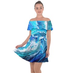 Tsunami Waves Ocean Sea Nautical Nature Water Painting Off Shoulder Velour Dress