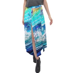 Tsunami Waves Ocean Sea Nautical Nature Water Painting Velour Split Maxi Skirt