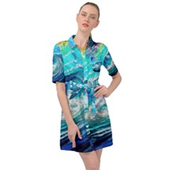Tsunami Waves Ocean Sea Nautical Nature Water Painting Belted Shirt Dress