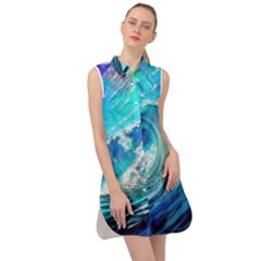Tsunami Waves Ocean Sea Nautical Nature Water Painting Sleeveless Shirt Dress