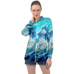 Tsunami Waves Ocean Sea Nautical Nature Water Painting Long Sleeve Satin Shirt