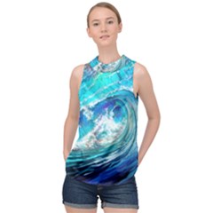 Tsunami Waves Ocean Sea Nautical Nature Water Painting High Neck Satin Top