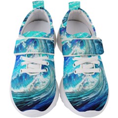 Tsunami Waves Ocean Sea Nautical Nature Water Painting Kids  Velcro Strap Shoes