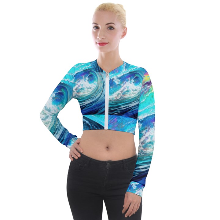 Tsunami Waves Ocean Sea Nautical Nature Water Painting Long Sleeve Cropped Velvet Jacket