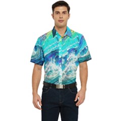Tsunami Waves Ocean Sea Nautical Nature Water Painting Men s Short Sleeve Pocket Shirt 