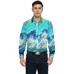 Tsunami Waves Ocean Sea Nautical Nature Water Painting Men s Long Sleeve Pocket Shirt 