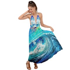 Tsunami Waves Ocean Sea Nautical Nature Water Painting Backless Maxi Beach Dress