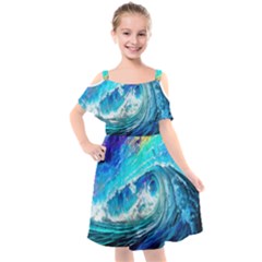 Tsunami Waves Ocean Sea Nautical Nature Water Painting Kids  Cut Out Shoulders Chiffon Dress