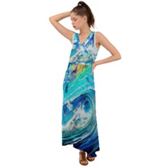 Tsunami Waves Ocean Sea Nautical Nature Water Painting V-neck Chiffon Maxi Dress