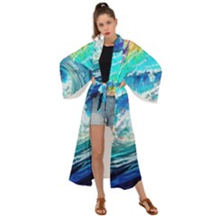 Tsunami Waves Ocean Sea Nautical Nature Water Painting Maxi Kimono