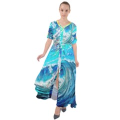 Tsunami Waves Ocean Sea Nautical Nature Water Painting Waist Tie Boho Maxi Dress