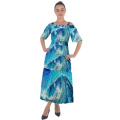 Tsunami Waves Ocean Sea Nautical Nature Water Painting Shoulder Straps Boho Maxi Dress 