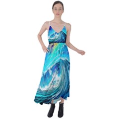 Tsunami Waves Ocean Sea Nautical Nature Water Painting Tie Back Maxi Dress