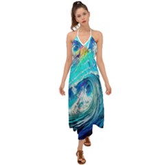Tsunami Waves Ocean Sea Nautical Nature Water Painting Halter Tie Back Dress 