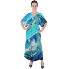 Tsunami Waves Ocean Sea Nautical Nature Water Painting V-neck Boho Style Maxi Dress by Cowasu