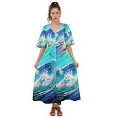 Tsunami Waves Ocean Sea Nautical Nature Water Painting Kimono Sleeve Boho Dress