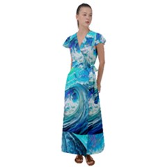 Tsunami Waves Ocean Sea Nautical Nature Water Painting Flutter Sleeve Maxi Dress