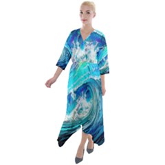 Tsunami Waves Ocean Sea Nautical Nature Water Painting Quarter Sleeve Wrap Front Maxi Dress