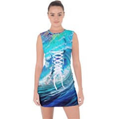 Tsunami Waves Ocean Sea Nautical Nature Water Painting Lace Up Front Bodycon Dress