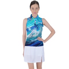 Tsunami Waves Ocean Sea Nautical Nature Water Painting Women s Sleeveless Polo Tee