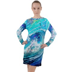 Tsunami Waves Ocean Sea Nautical Nature Water Painting Long Sleeve Hoodie Dress
