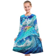 Tsunami Waves Ocean Sea Nautical Nature Water Painting Kids  Midi Sailor Dress