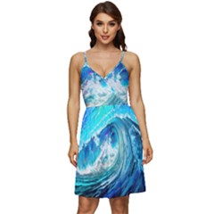 Tsunami Waves Ocean Sea Nautical Nature Water Painting V-Neck Pocket Summer Dress 