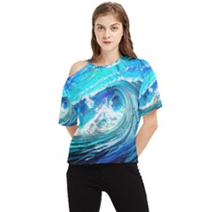 Tsunami Waves Ocean Sea Nautical Nature Water Painting One Shoulder Cut Out Tee